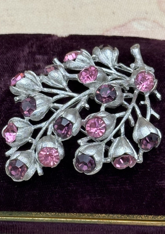 Sarah Coventry Floral Brooch Silver Tone Pink Purple Rhinestones 2.75”