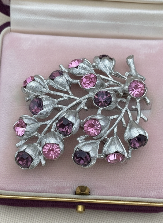 Sarah Coventry Floral Brooch Silver Tone Pink Purple Rhinestones 2.75”