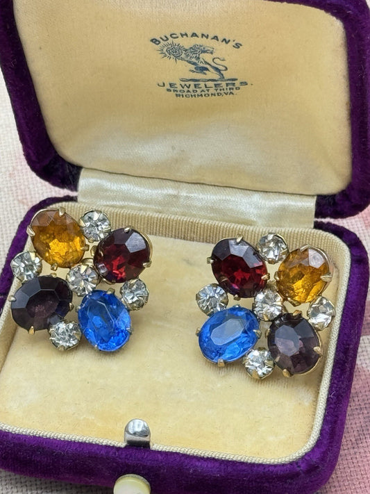 Vintage Multicolor Rhinestone Cluster Earrings Screw Back Goldtone 1”