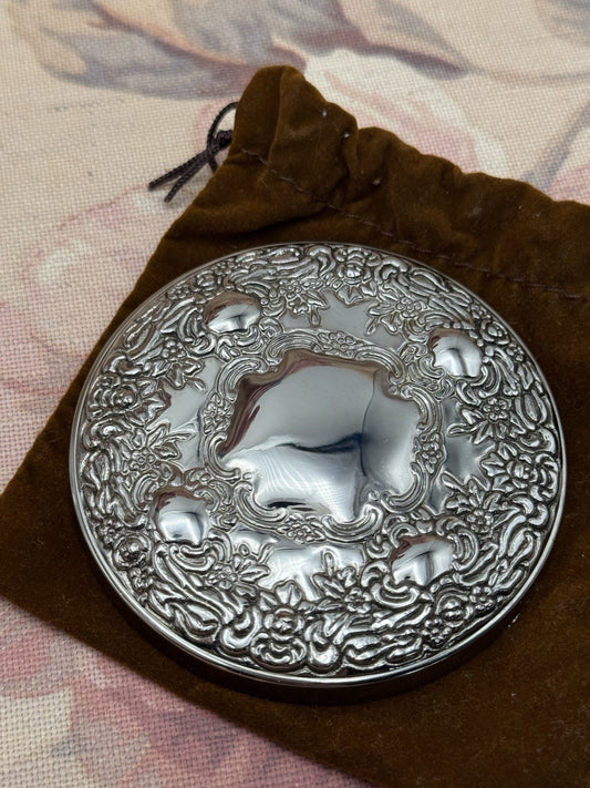 Vintage Silverplate Hand Mirror Ornate Floral Repoussé 3” Round