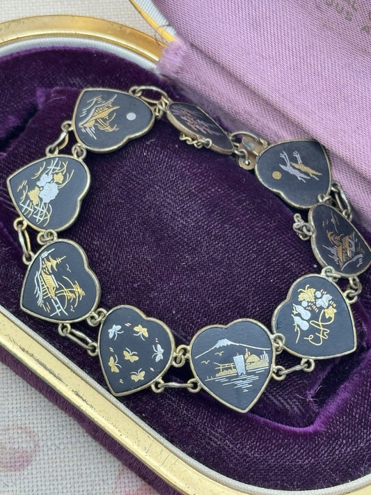 Vintage Japanese Damascene Bracelet Heart Panels Goldtone Black Inlay 7.25”