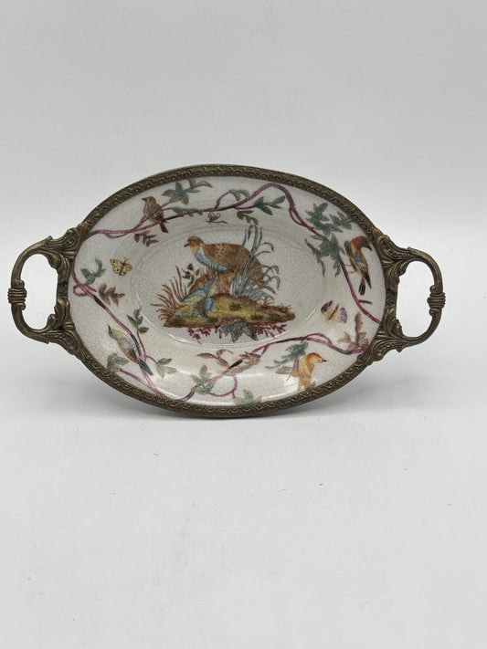 Gilt Porcelain Bowl – Hand Painted Birds with Metal Handles – 8” VINTAGE