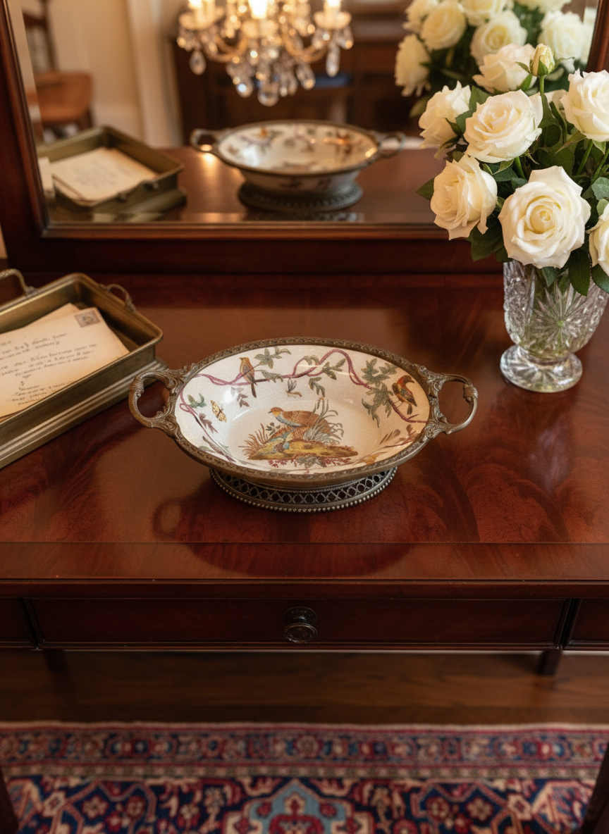 Gilt Porcelain Bowl – Hand Painted Birds with Metal Handles – 8” VINTAGE
