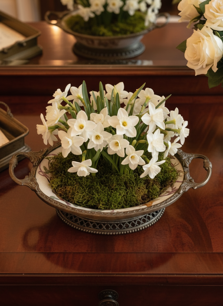 Gilt Porcelain Bowl – Hand Painted Birds with Metal Handles – 8” VINTAGE