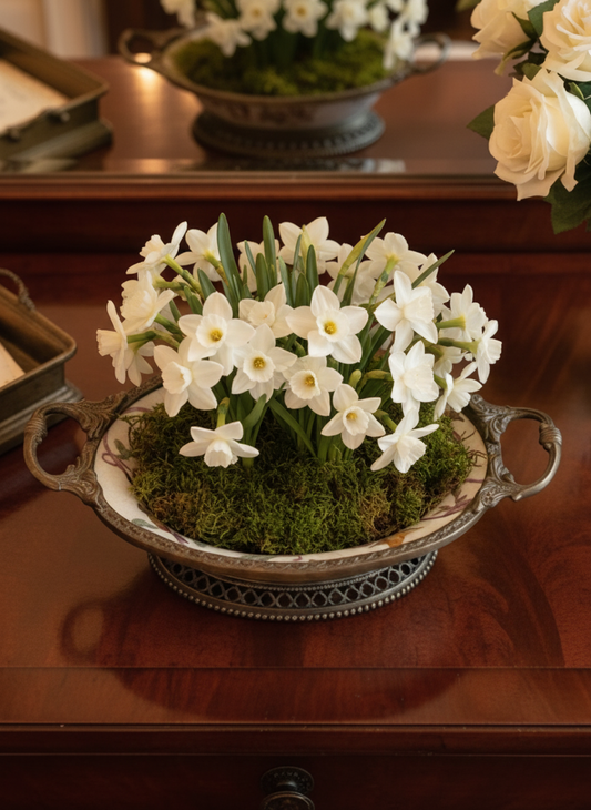 Gilt Porcelain Bowl – Hand Painted Birds with Metal Handles – 8” VINTAGE