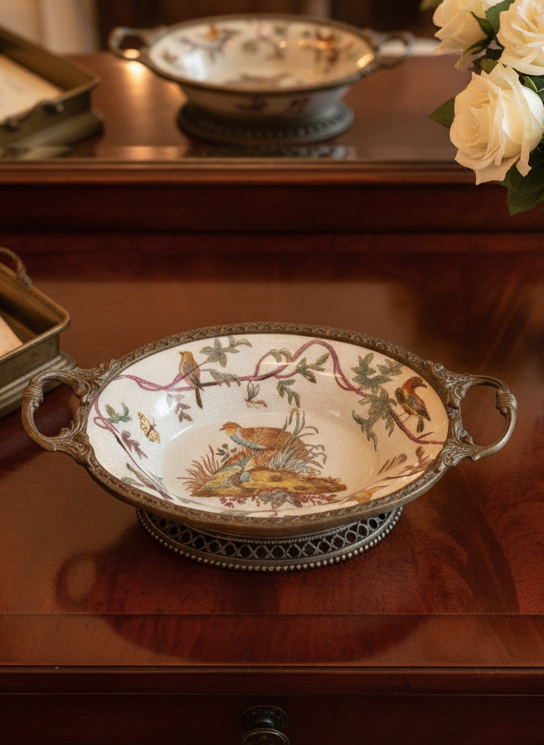 Gilt Porcelain Bowl – Hand Painted Birds with Metal Handles – 8” VINTAGE