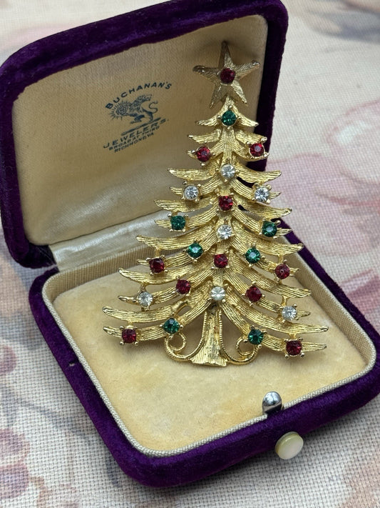 Christmas Tree Brooch SIGNED MYLU Vintage Rhinestone Holiday Pin 2.5” x 1.75”