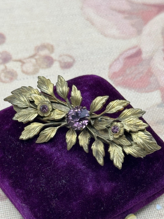 Antique Gilt Brooch Purple Glass Floral Bar Pin 2.25” x 1”