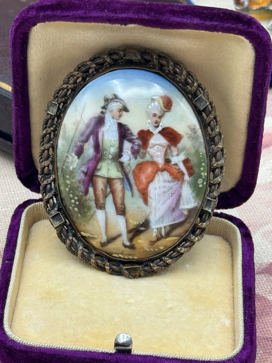 Antique French Brooch Courting Couple Porcelain Plaque 2.16” x 1.77” c.1900