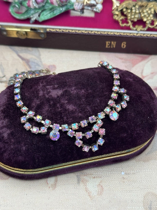 Vintage Pink Necklace Aurora Borealis Rhinestone Crystal Choker Hook  17” x .75”