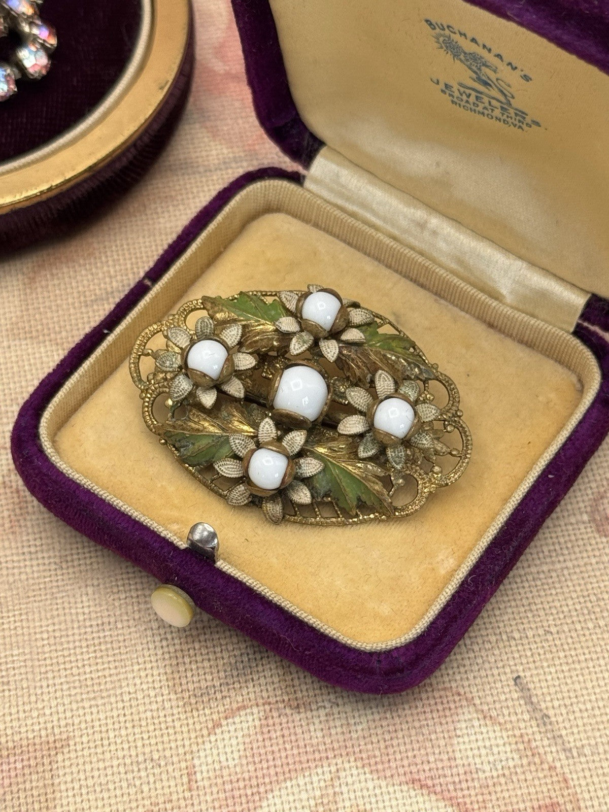 Vintage Czech Brooch Filigree Enamel Milk Glass Floral 1.57” x 1.18”