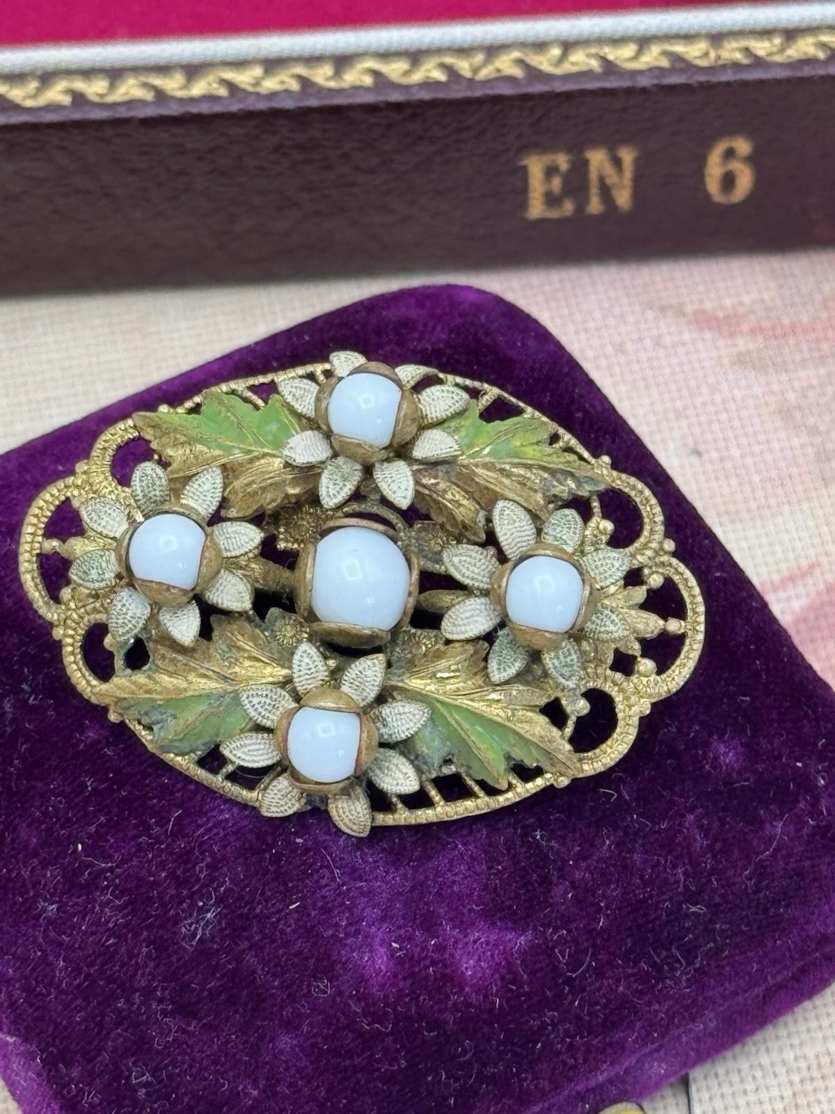 Vintage Czech Brooch Filigree Enamel Milk Glass Floral 1.57” x 1.18”