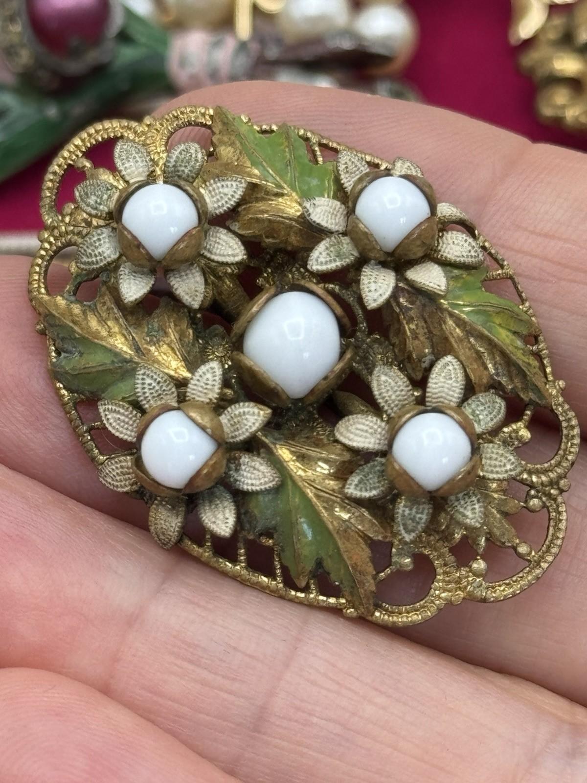 Vintage Czech Brooch Filigree Enamel Milk Glass Floral 1.57” x 1.18”