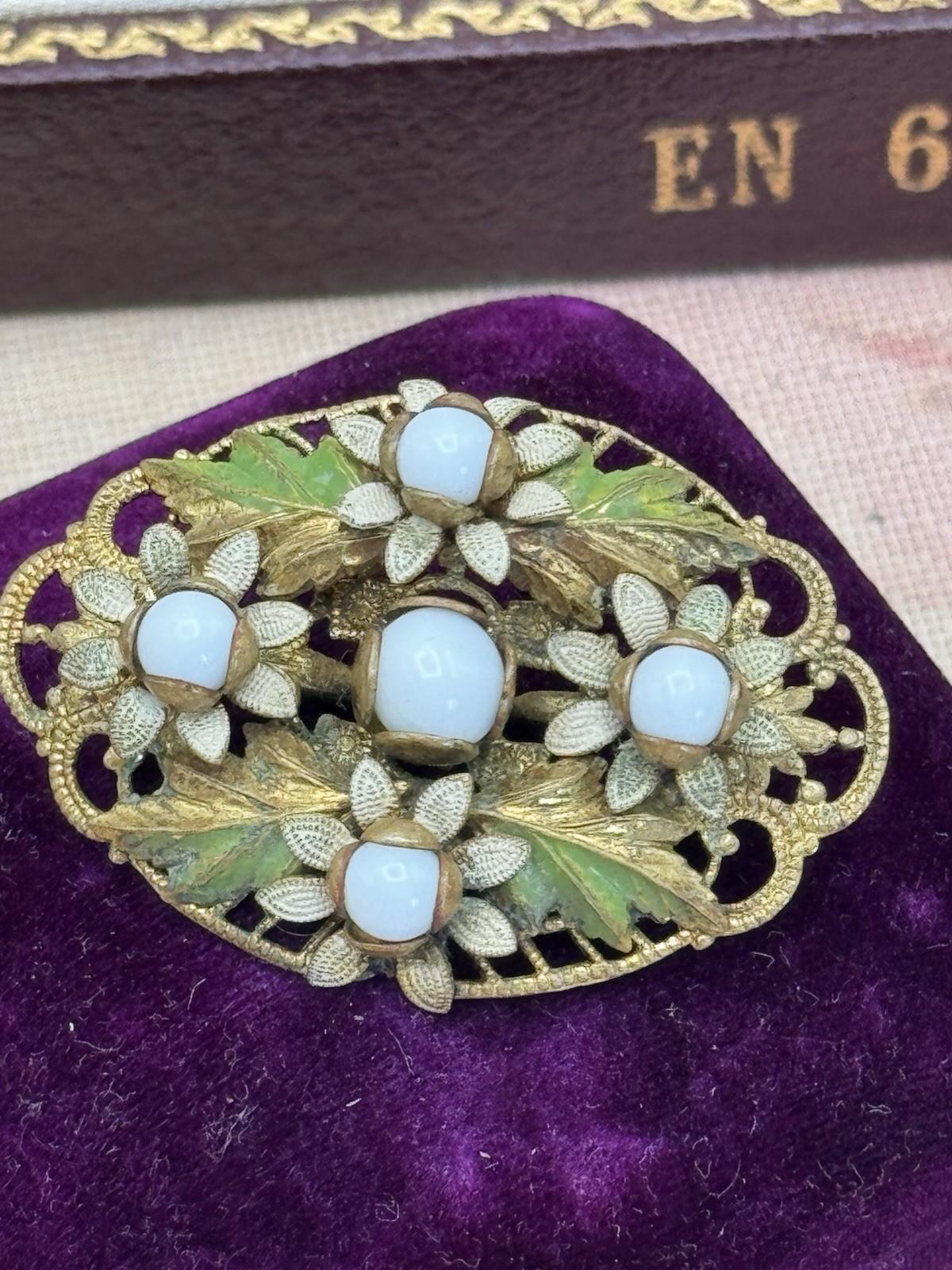 Vintage Czech Brooch Filigree Enamel Milk Glass Floral 1.57” x 1.18”