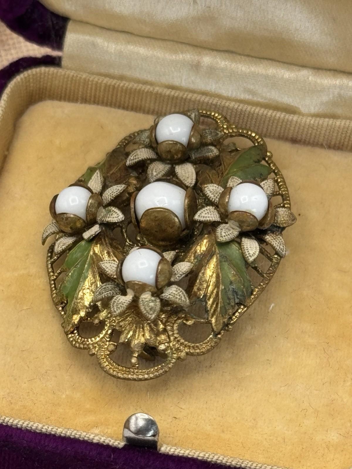 Vintage Czech Brooch Filigree Enamel Milk Glass Floral 1.57” x 1.18”