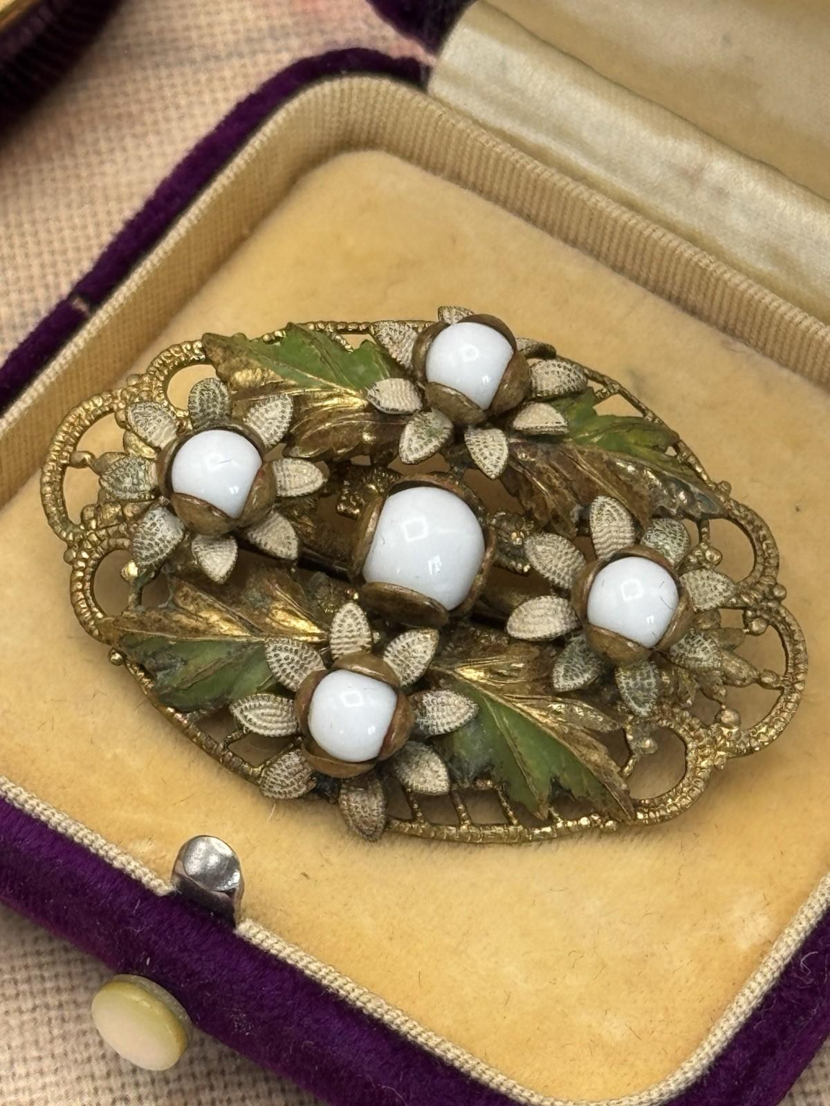 Vintage Czech Brooch Filigree Enamel Milk Glass Floral 1.57” x 1.18”