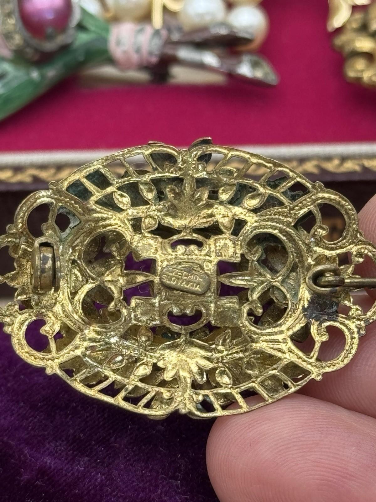 Vintage Czech Brooch Filigree Enamel Milk Glass Floral 1.57” x 1.18”