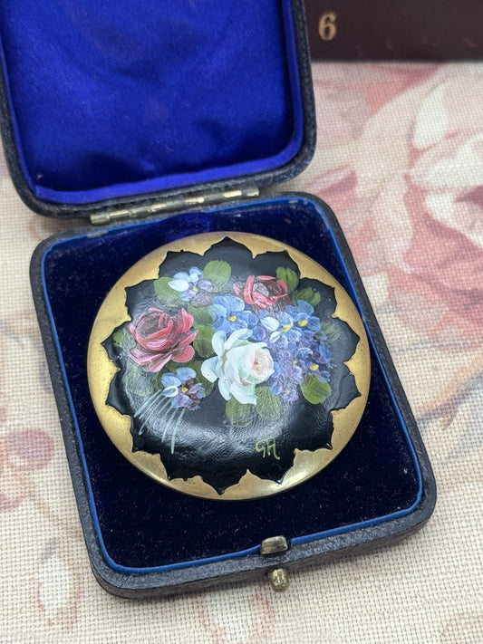 Hand Painted Floral Brooch Antique Enamel on Metal Trombone Clasp 2” Signed