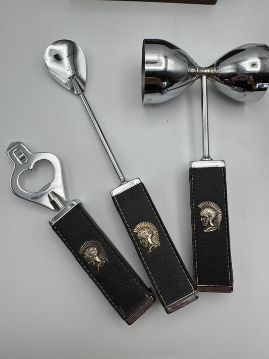 Vintage Barware Set Leather Handles 1960s Trojan Helmet Jigger Opener