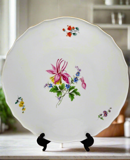 Meissen Large Platter 13” Hand Painted Flowers Gold Rim 325 VINTAGE