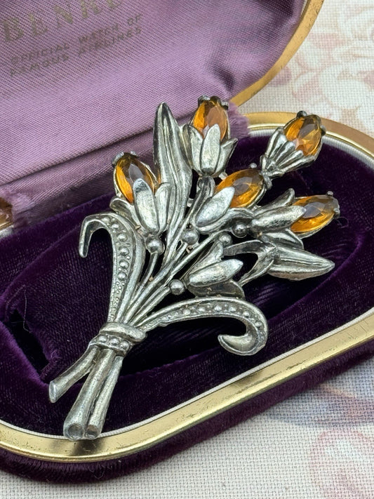 Vintage Silvertone Brooch Honey Rhinestone Floral Bouquet 4” Large Unsigned