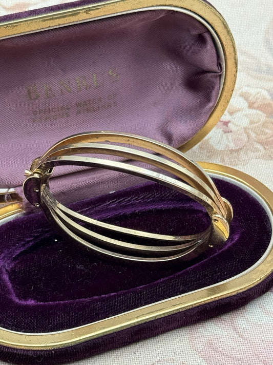 Vintage Goldtone Bracelet Hinged 6.5” Triple Band Mid Century Modern