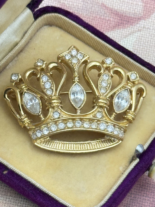 KJL for Avon Crown Brooch Goldtone Rhinestone Signed Vintage