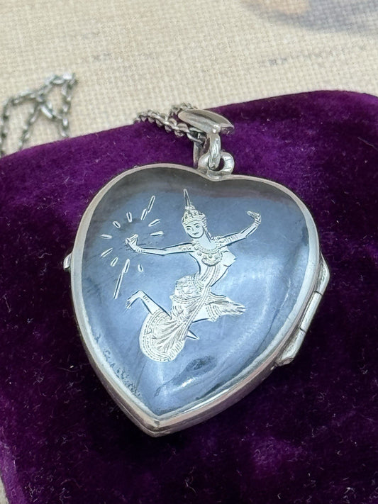 Sterling Siam Heart Locket Niello Vintage Thai Dancer Necklace 16” ESTATE FIND
