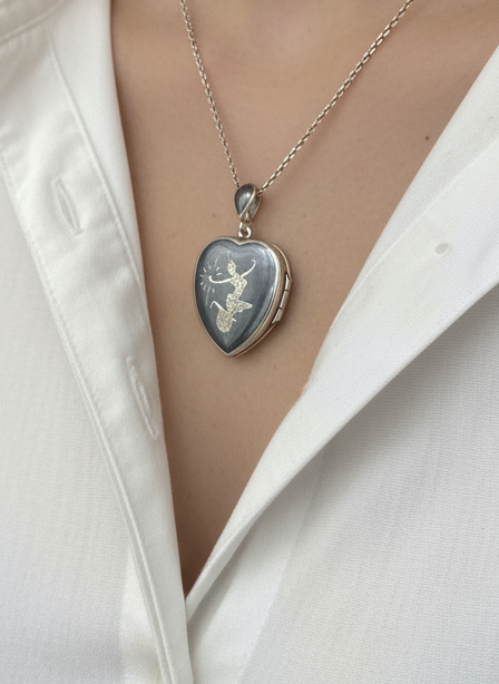 Sterling Siam Heart Locket Niello Vintage Thai Dancer Necklace 16” ESTATE FIND