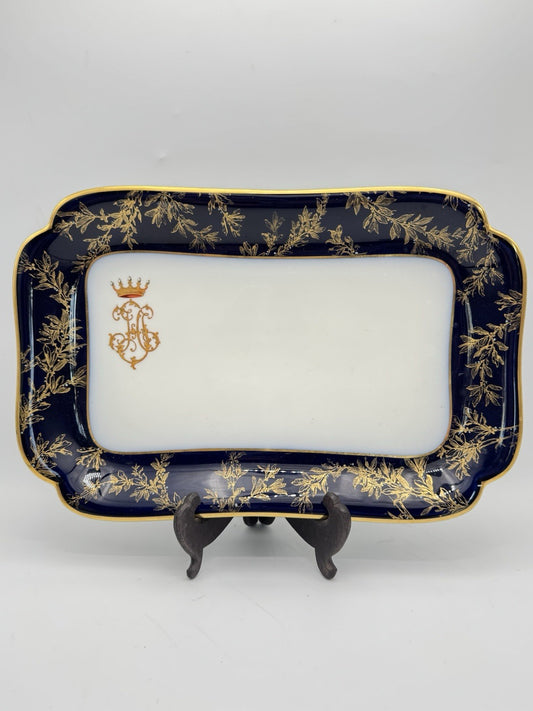 Antique Haviland Limoges Porcelain Tray Cobalt Blue Gold Gilt Crest 14”