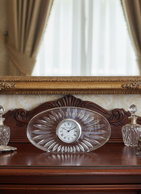Waterford Clock Crystal Quartz Oval Cut Glass Desk Mantel Clock Roman Numerals 4.75” by 2.5” by 1”