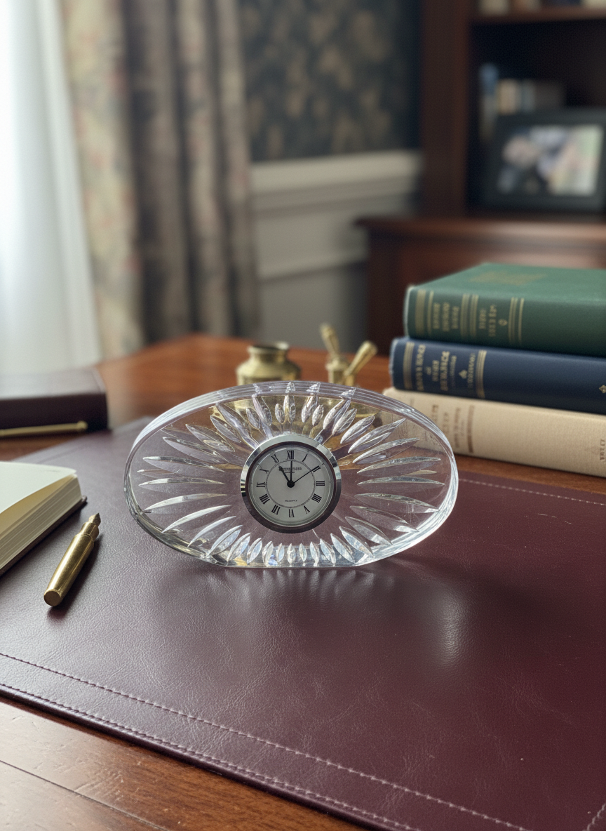 Waterford Clock Crystal Quartz Oval Cut Glass Desk Mantel Clock Roman Numerals 4.75” by 2.5” by 1”
