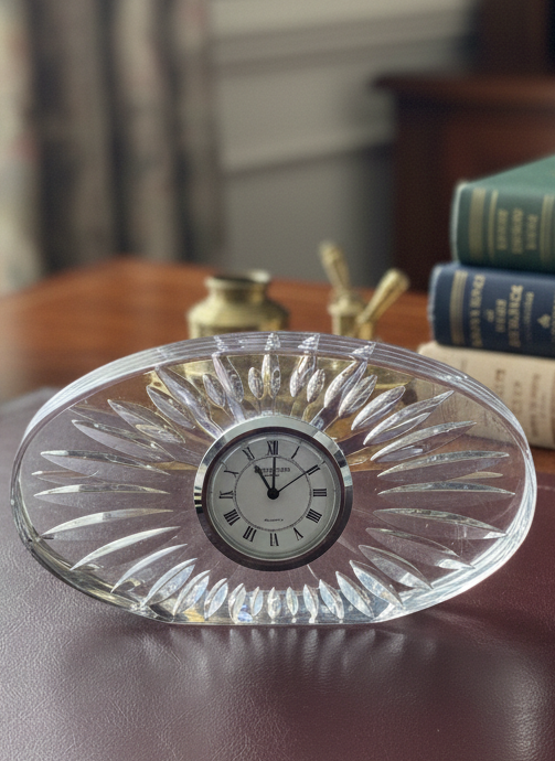 Waterford Clock Crystal Quartz Oval Cut Glass Desk Mantel Clock Roman Numerals 4.75” by 2.5” by 1”