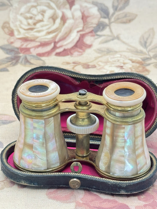 French Opera Glasses Antique Mother of Pearl Brass Lemaire Paris Case Pink Liner