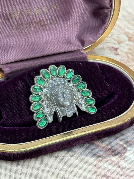 Pot Metal Brooch Headdress Green Glass Stones 1.75” by 1.5” RARE Antique