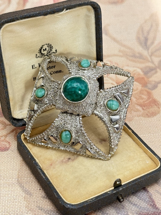 Maltese Cross Brooch Pendant Silvertone  Green Cabochons 2” x 2” VINTAGE