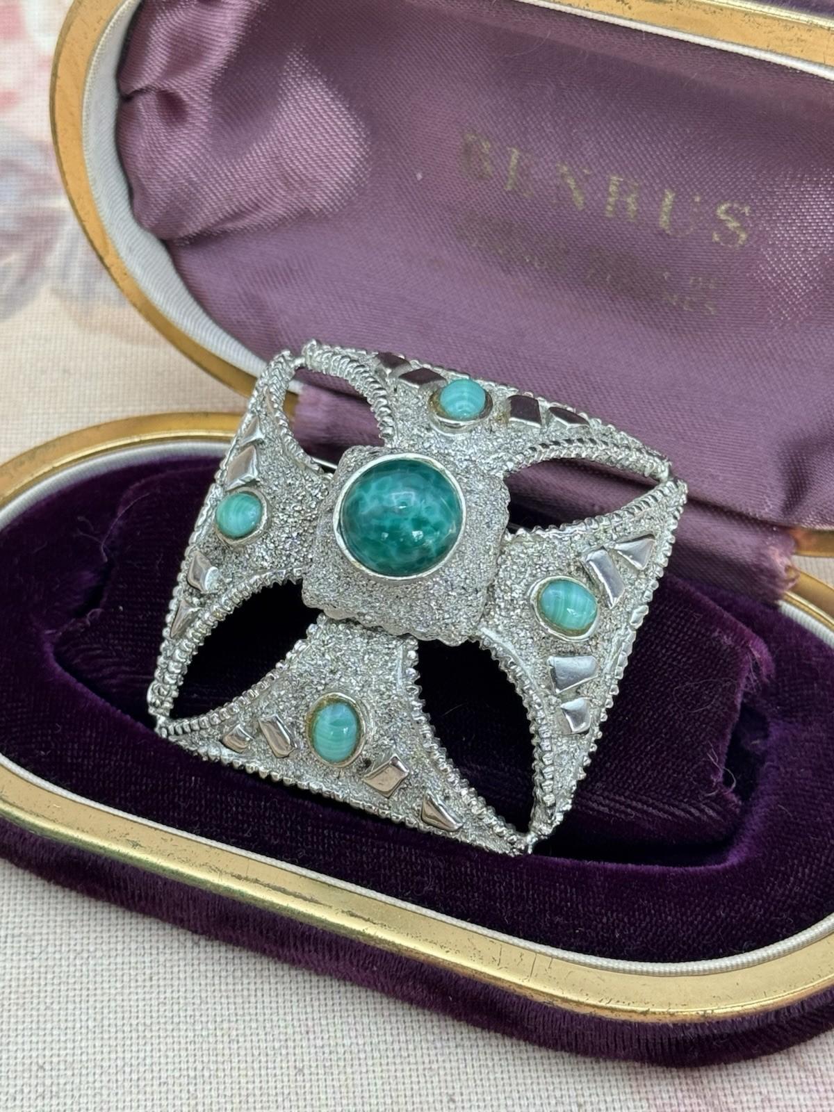 Maltese Cross Brooch Pendant Silvertone  Green Cabochons 2” x 2” VINTAGE
