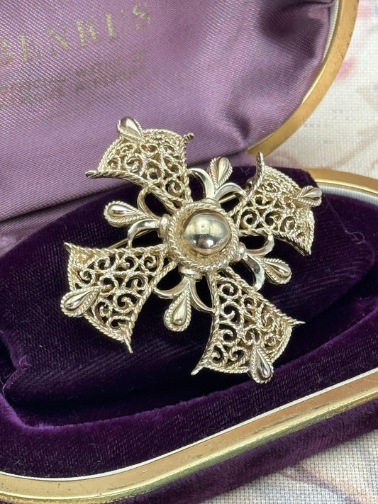 Crown Trifari Brooch Maltese Cross Goldtone Filigree Statement Signed 2.25”