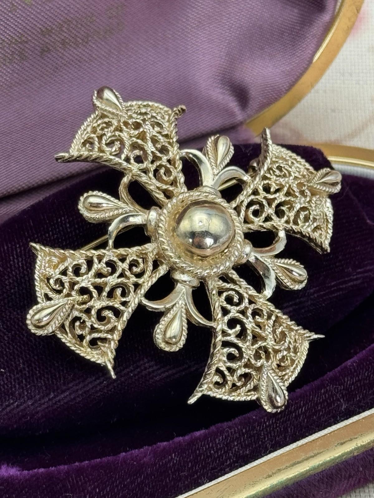 Crown Trifari Brooch Maltese Cross Goldtone Filigree Statement Signed 2.25”