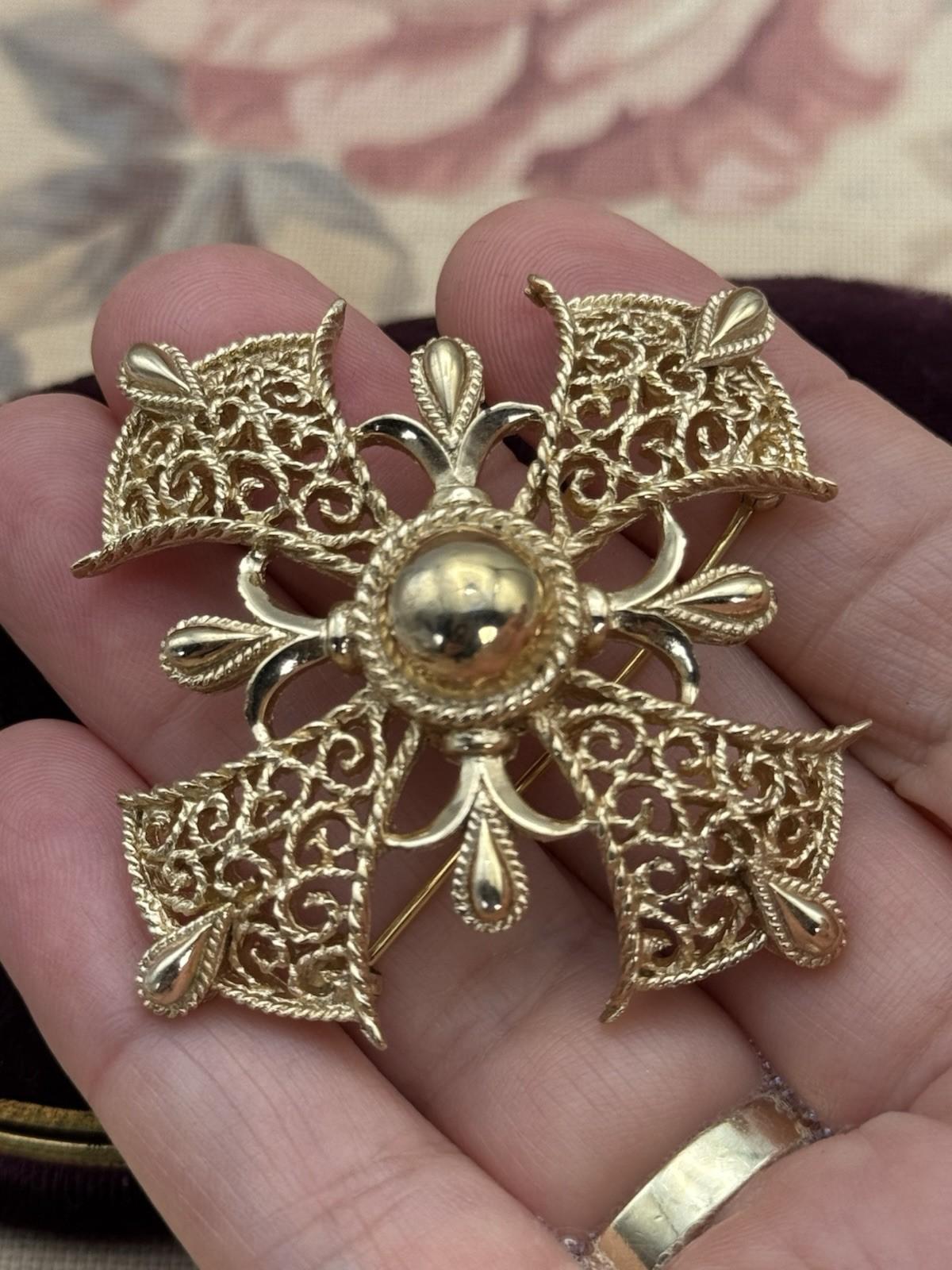 Crown Trifari Brooch Maltese Cross Goldtone Filigree Statement Signed 2.25”
