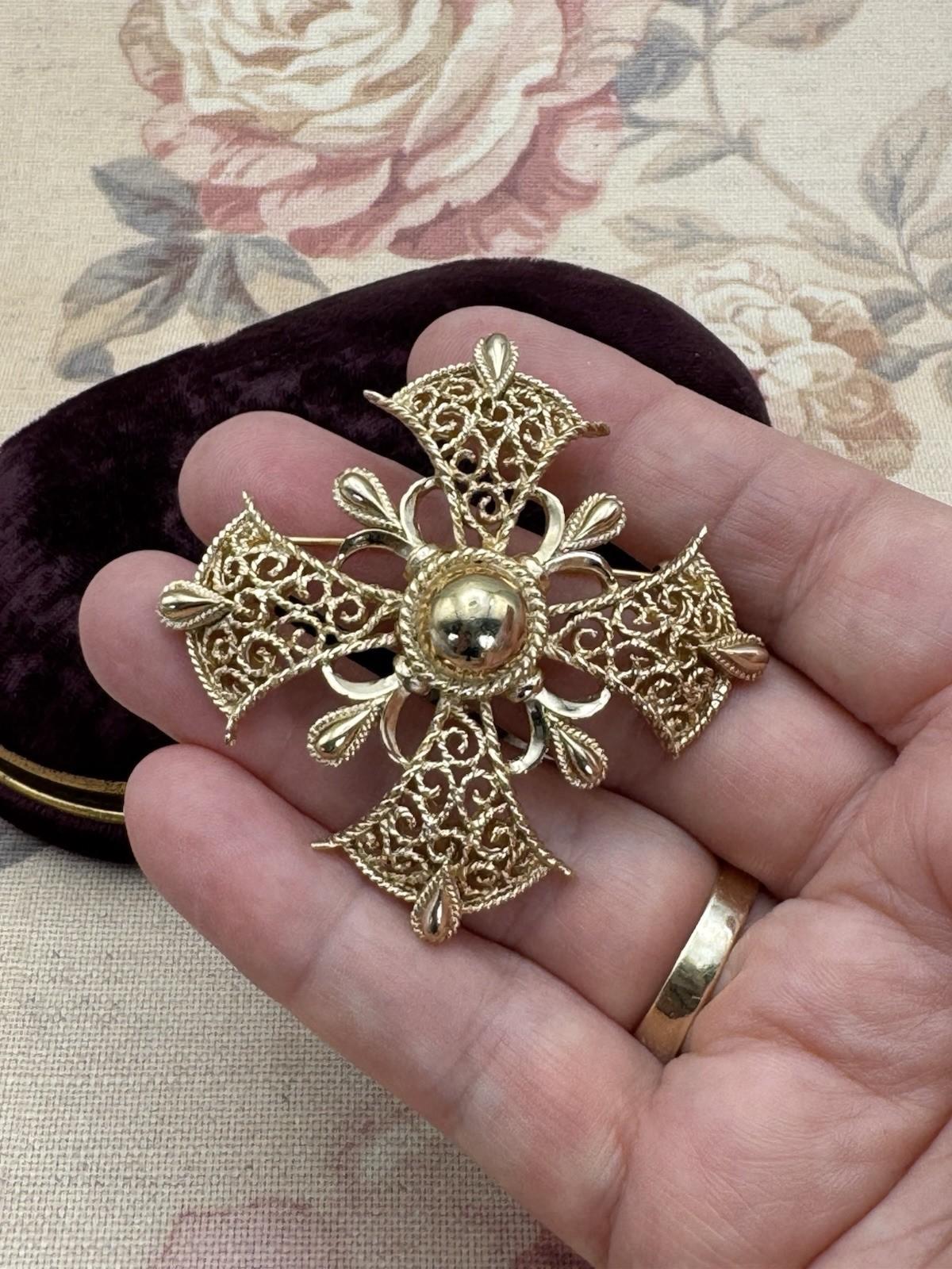 Crown Trifari Brooch Maltese Cross Goldtone Filigree Statement Signed 2.25”
