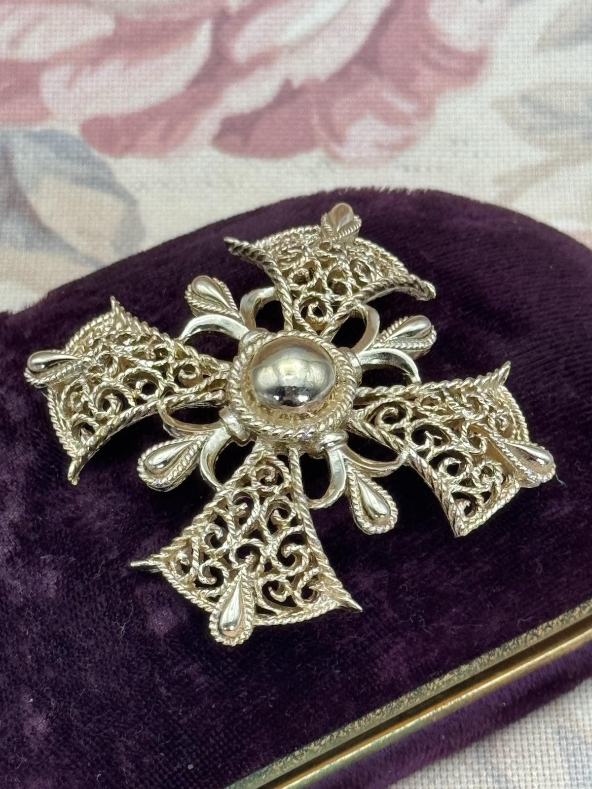 Crown Trifari Brooch Maltese Cross Goldtone Filigree Statement Signed 2.25”