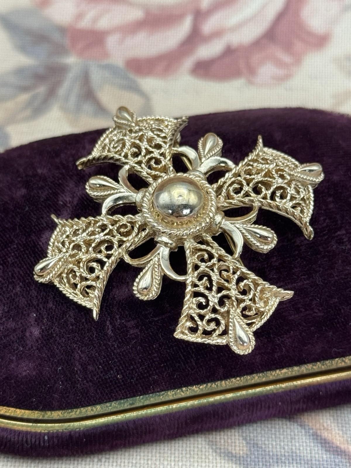 Crown Trifari Brooch Maltese Cross Goldtone Filigree Statement Signed 2.25”