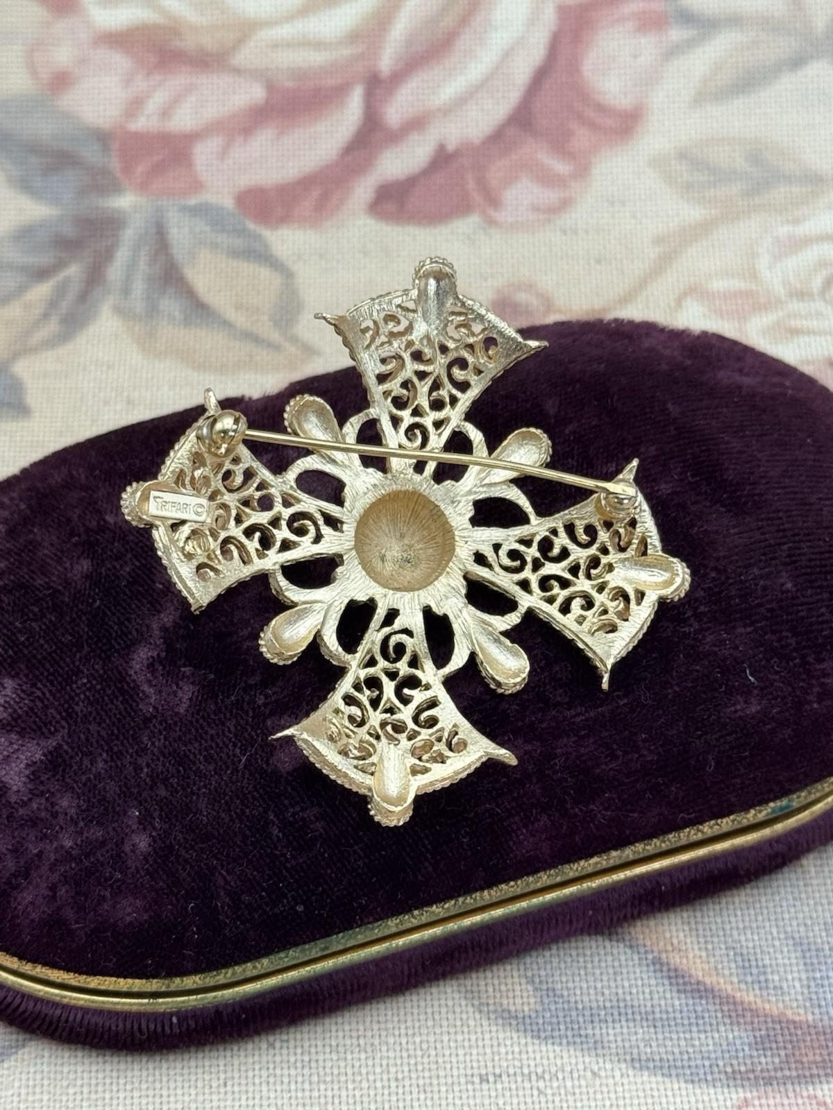 Crown Trifari Brooch Maltese Cross Goldtone Filigree Statement Signed 2.25”