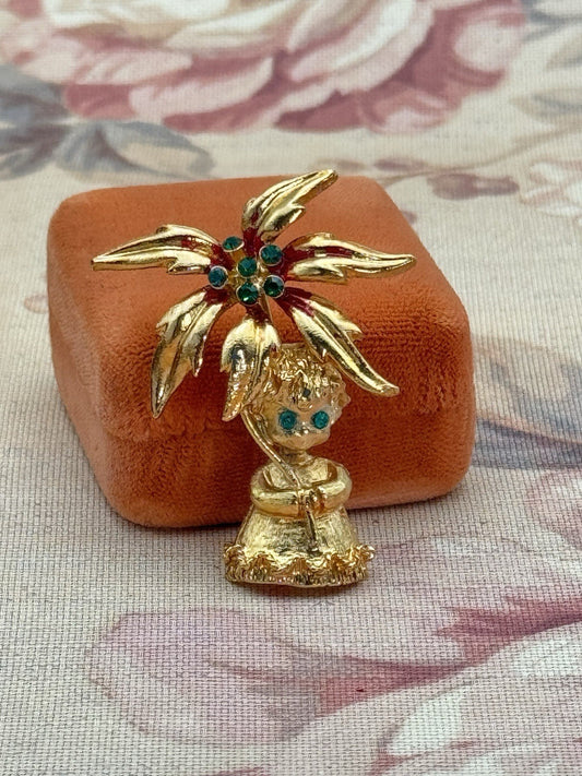 Vintage Mylu Brooch Angel with Poinsettia Goldtone Green Rhinestones Holiday 2”