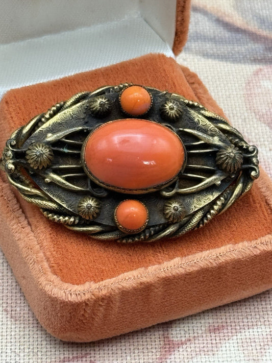 Vintage Brooch Orange Glass Cabochon Goldtone Rope Twist Frame 1930s