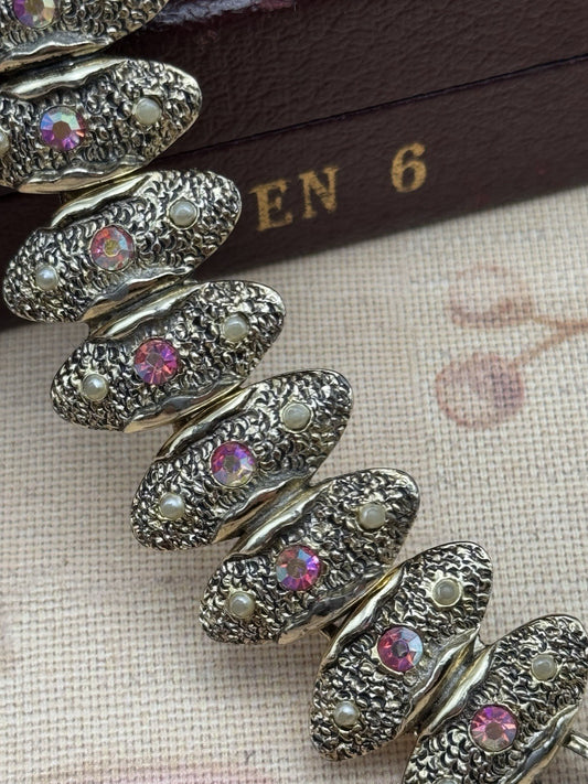 Vintage Judy Lee Bracelet – 7” Aurora Borealis Rhinestones & Faux Pearls
