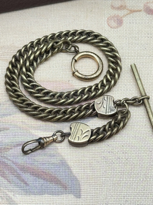 Antique Victorian T-Bar Watch Chain – 12.25” Curb Link with Shield Stations