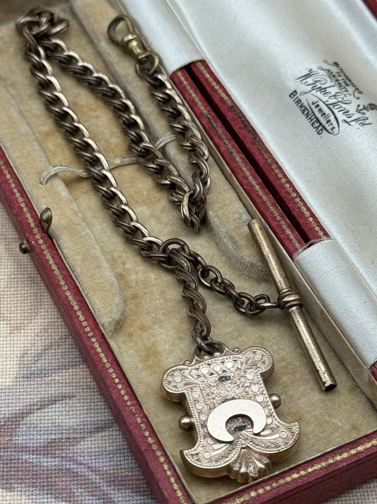 Antique Victorian T-Bar Watch Chain with Ornate Locket – 12.5” Length