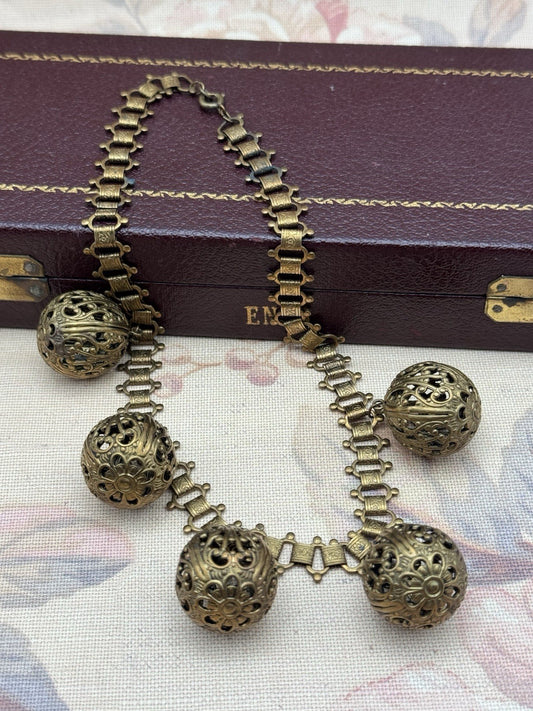 Victorian Revival Bookchain Necklace Brass Filigree Ball Drop Antique Jewelry